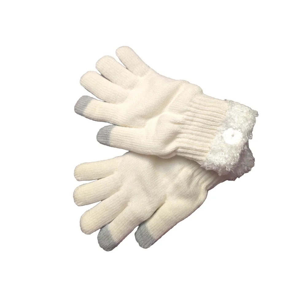 On 34th Ivory Rib Stitch Fuzzy Cuff Cream & Gray Knit Gloves Sz One Size NWT